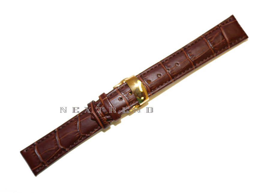 Brown Genuine Leather Watch Band+Push Button Butterfly Deployant Clasp Buckle