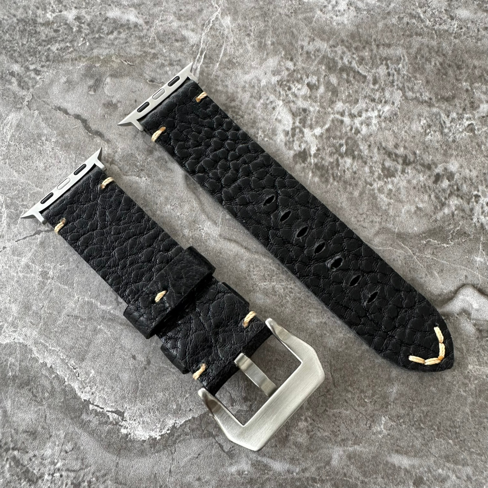 Thick Lychee Dark Black Leather Watch Strap Band For Apple Watch Ultra 1 2 49mm