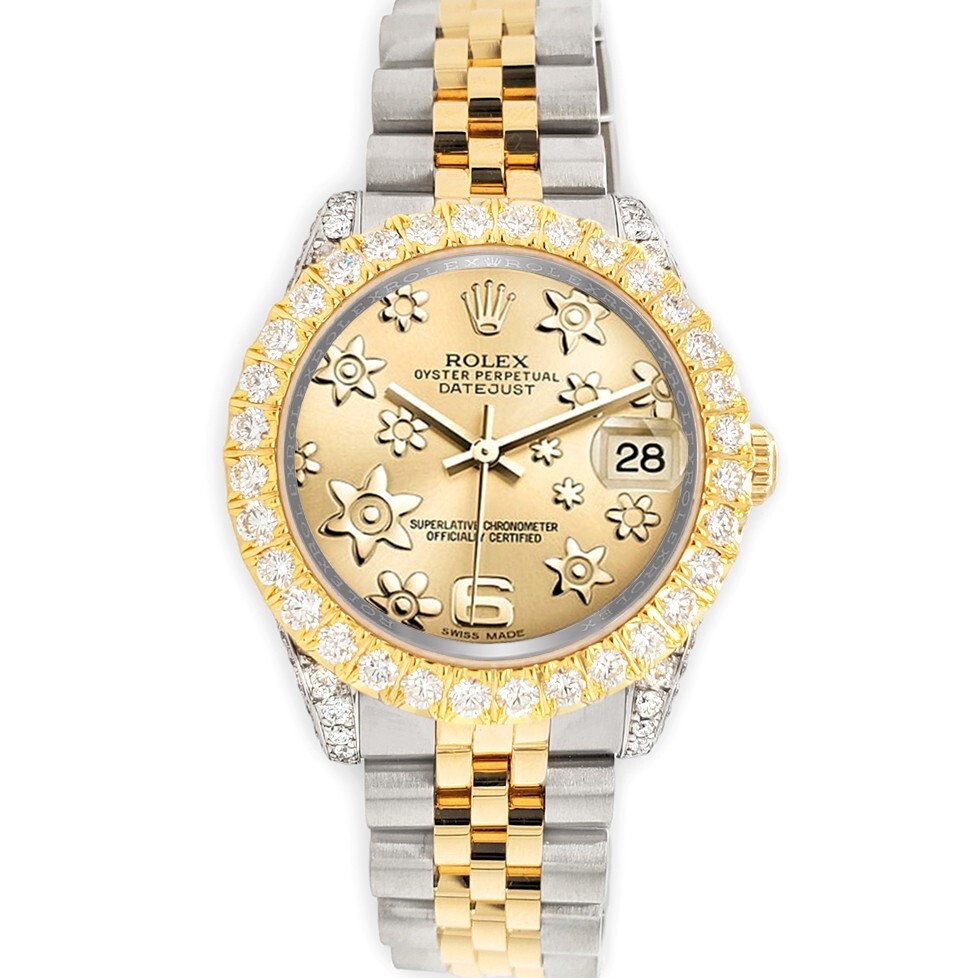 Rolex Datejust 31mm 2-Tone Champagne Floral Dial 4.4ct Diamond Bezel/Case Watch