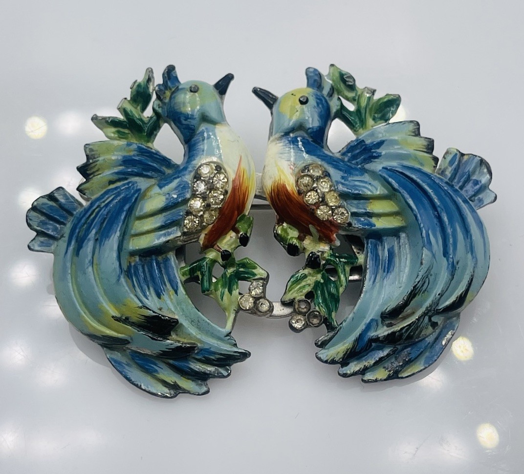 Coro Vintage Silver Tone Rhinestone Blue Enamel Love Birds Duette Brooch Pin