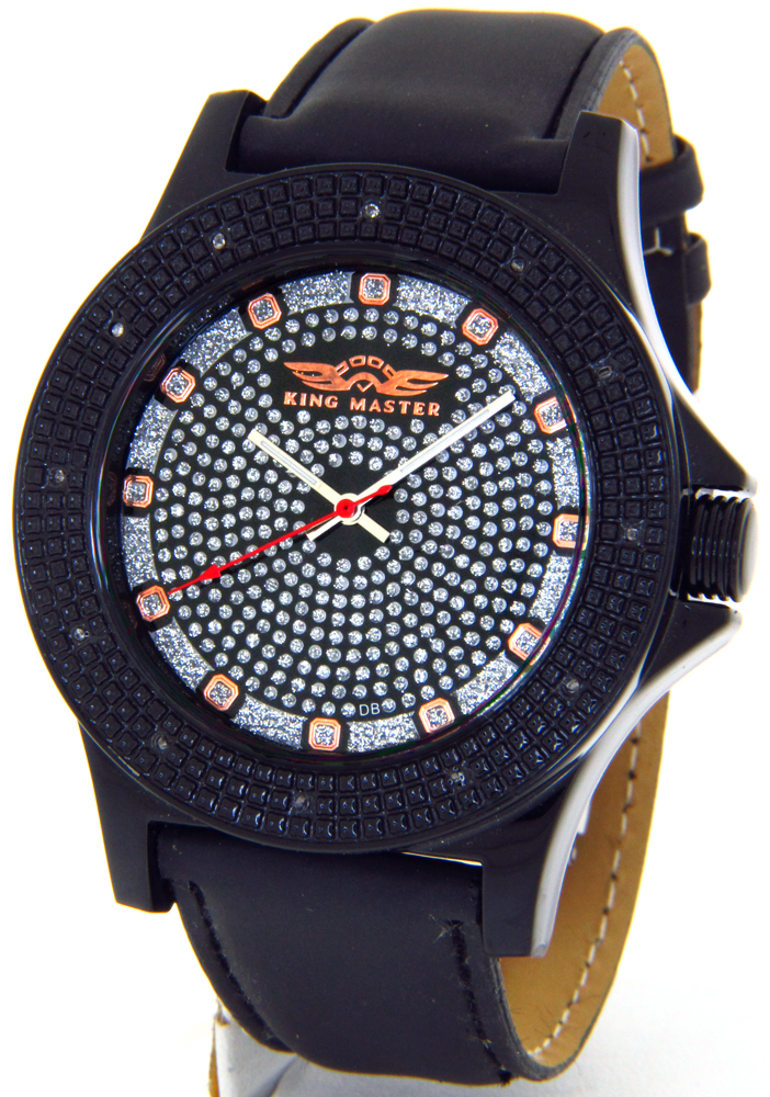 KING MASTER WATCH SUPER TECHNO MENS DIAMOND JOJO BLACK CASE FACE LEATHER BAND