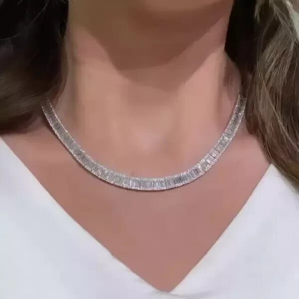 40 Ctw Created Emerald & Round Cut Diamond 14k WhGold Plated Tennis Necklace 18”