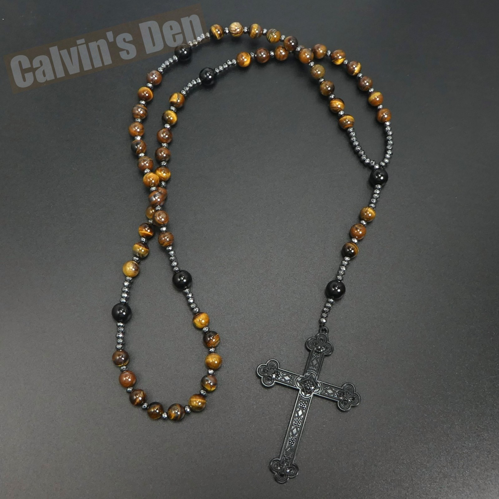 Tiger Eye Black Onyx Beads Gothic Punk Rock Cross Rosary Necklace Heavy Men Gift
