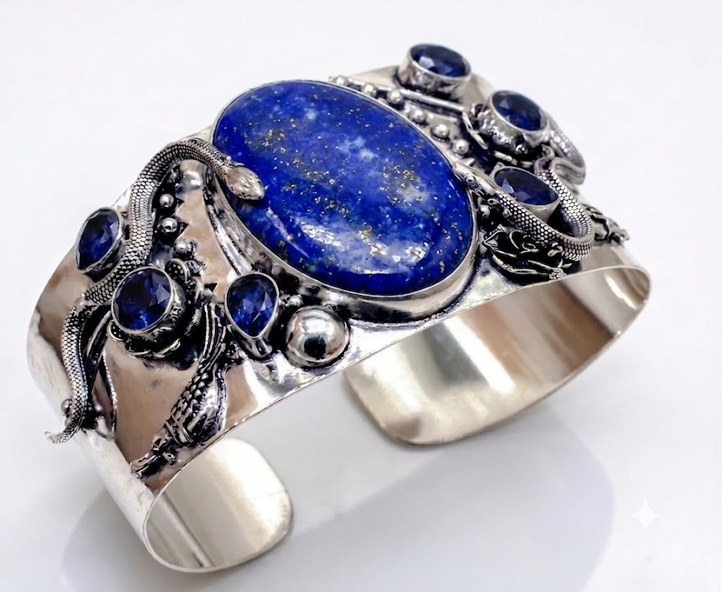 Natural Lapis Lazuli Artisan Cuff Bracelet 925 Sterling Silver ADJ Snake Jewelry