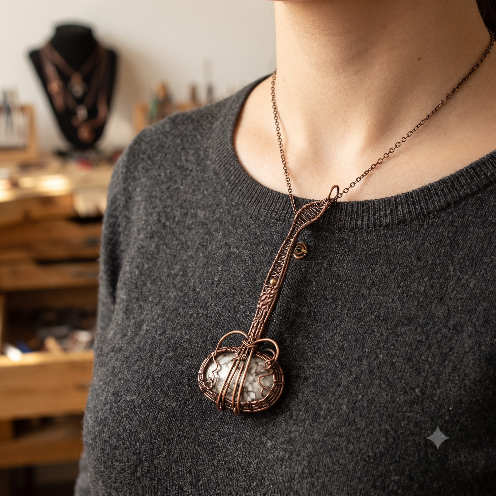 Copper OVAL Genuine Bronzite Art Deco Trendy Wire Wrap Mother Pendant Jewelry