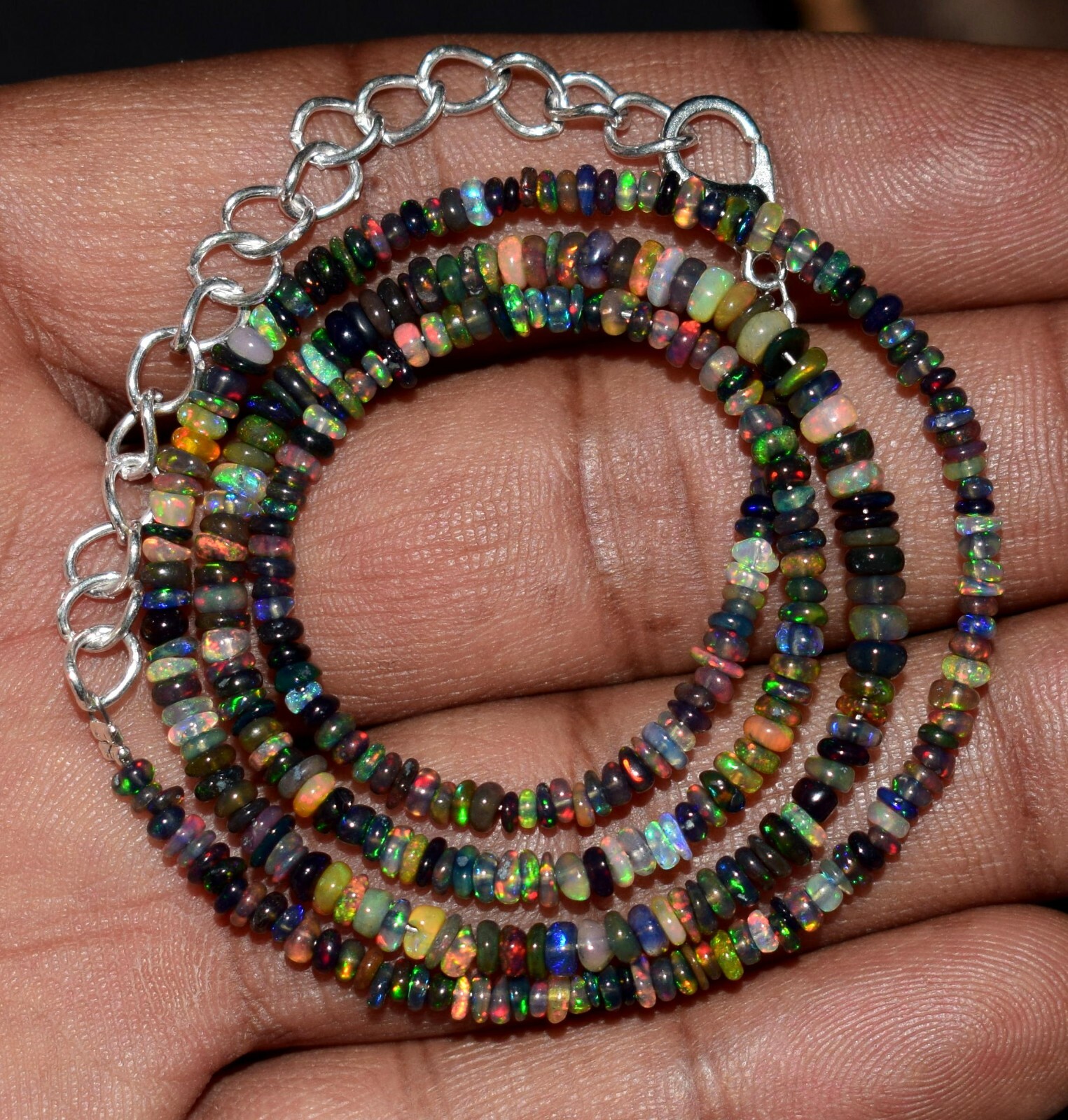 16″Natural Ethiopian Black Opal Wello Fire Opal Gemstone Bead Necklace F0779
