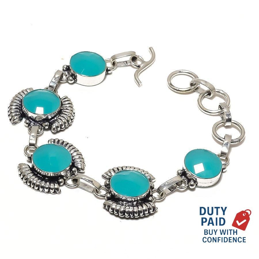 Genuine Blue Onyx Artisan Chain Channel Set Handmade Bracelet 925 Silver Plated