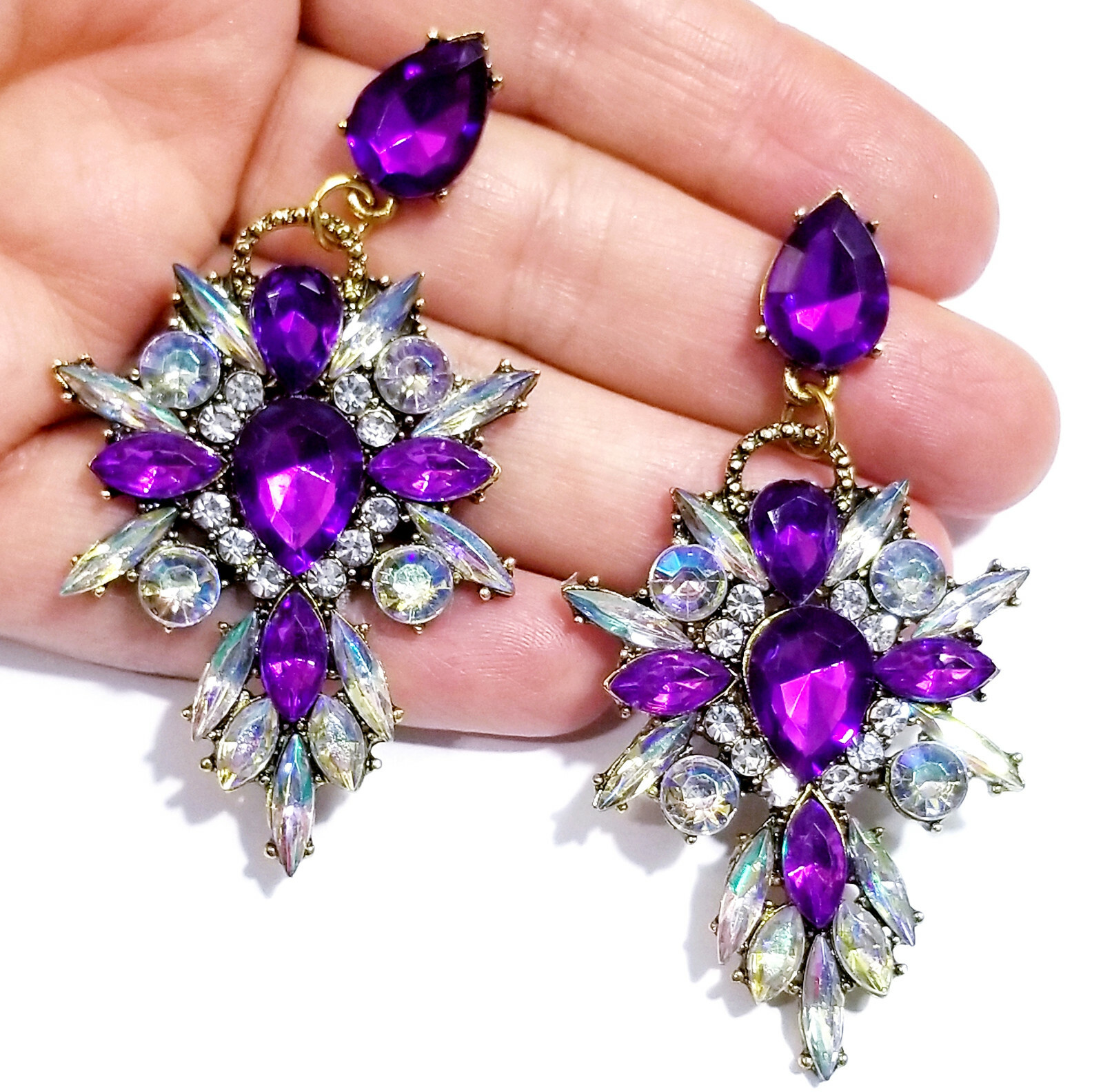 Chandelier Earrings Purple Rhinestone Crystal 2.8 in