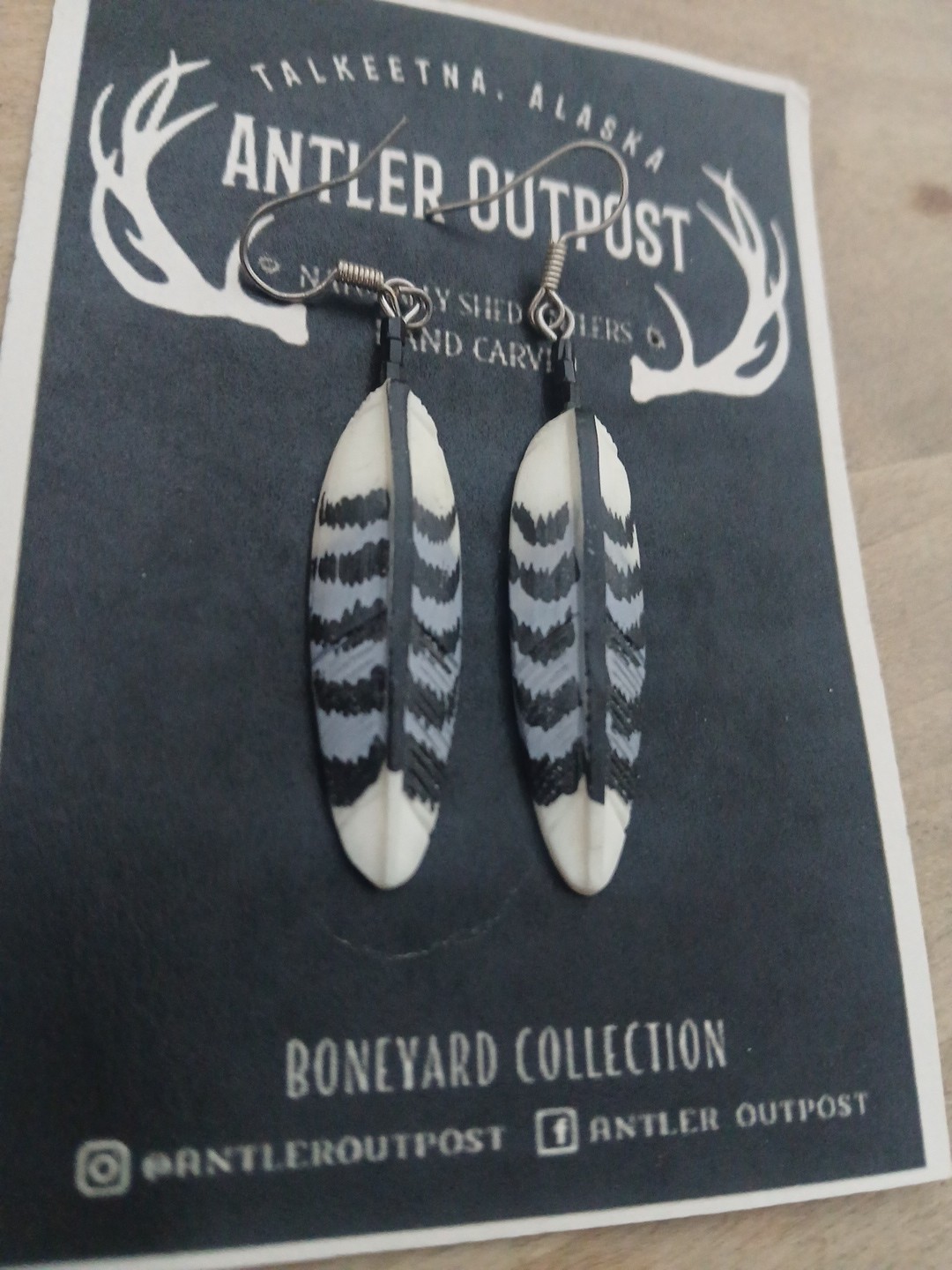 HANDMADE CARVED WATER BUFFALO BONE FEATHER EARRINGS ALASKA BONEYARD COLLECTION