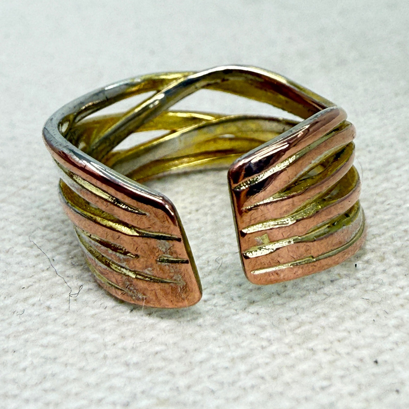 Sterling Silver Tri Color Multi Band Adjustable Wrap Ring Mixed Metal Modernist