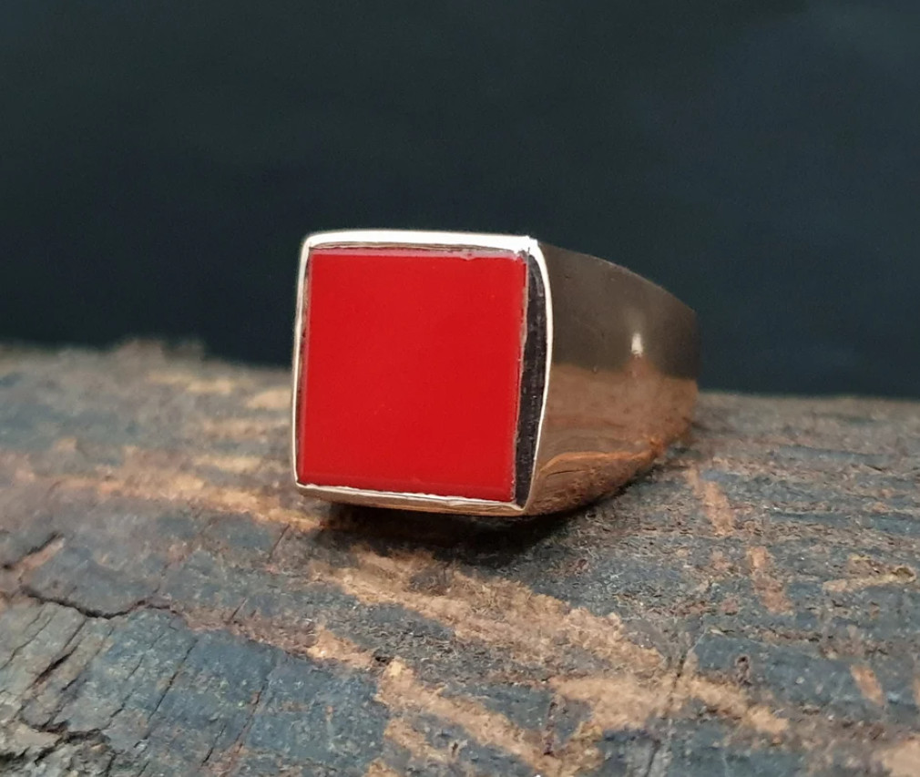 Rose Gold Red Coral Signet Men’s Ring 925 Sterling Silver Coral Jewelry For Boys
