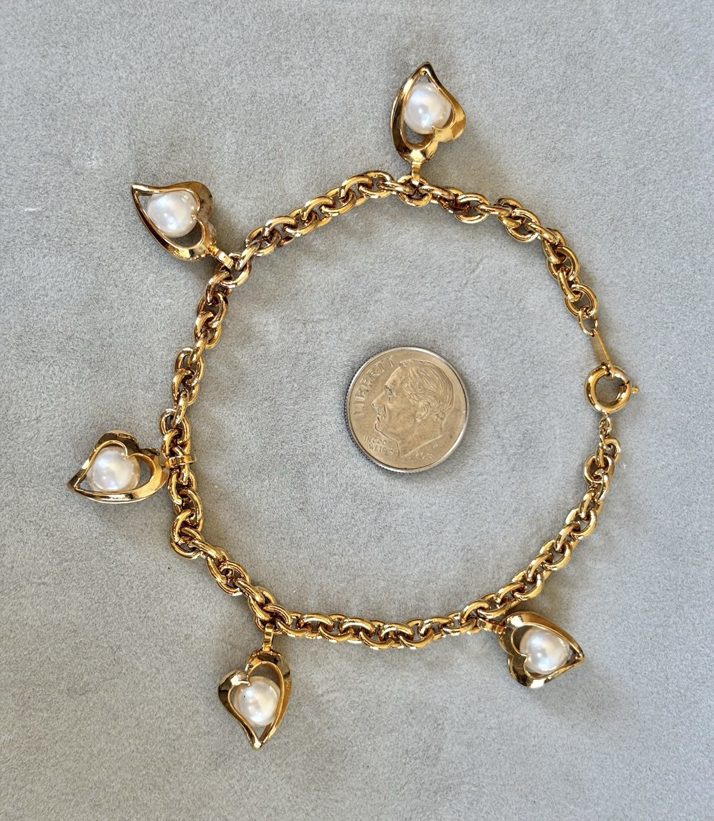 Vintage Gold Tone Faux Pearls Chain Bracelet About 8 Inches Long
