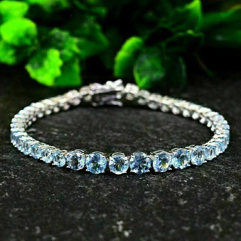 7Ct Round Cut Lab-Created Aquamarine Women Tennis Bracelet 14K White Gold Plated
