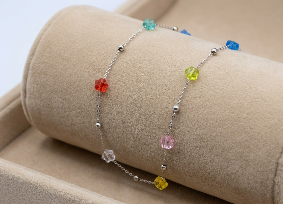 Elegant Silver Tone Minimalist Chain Bracelet with Multi Color Star Cubic