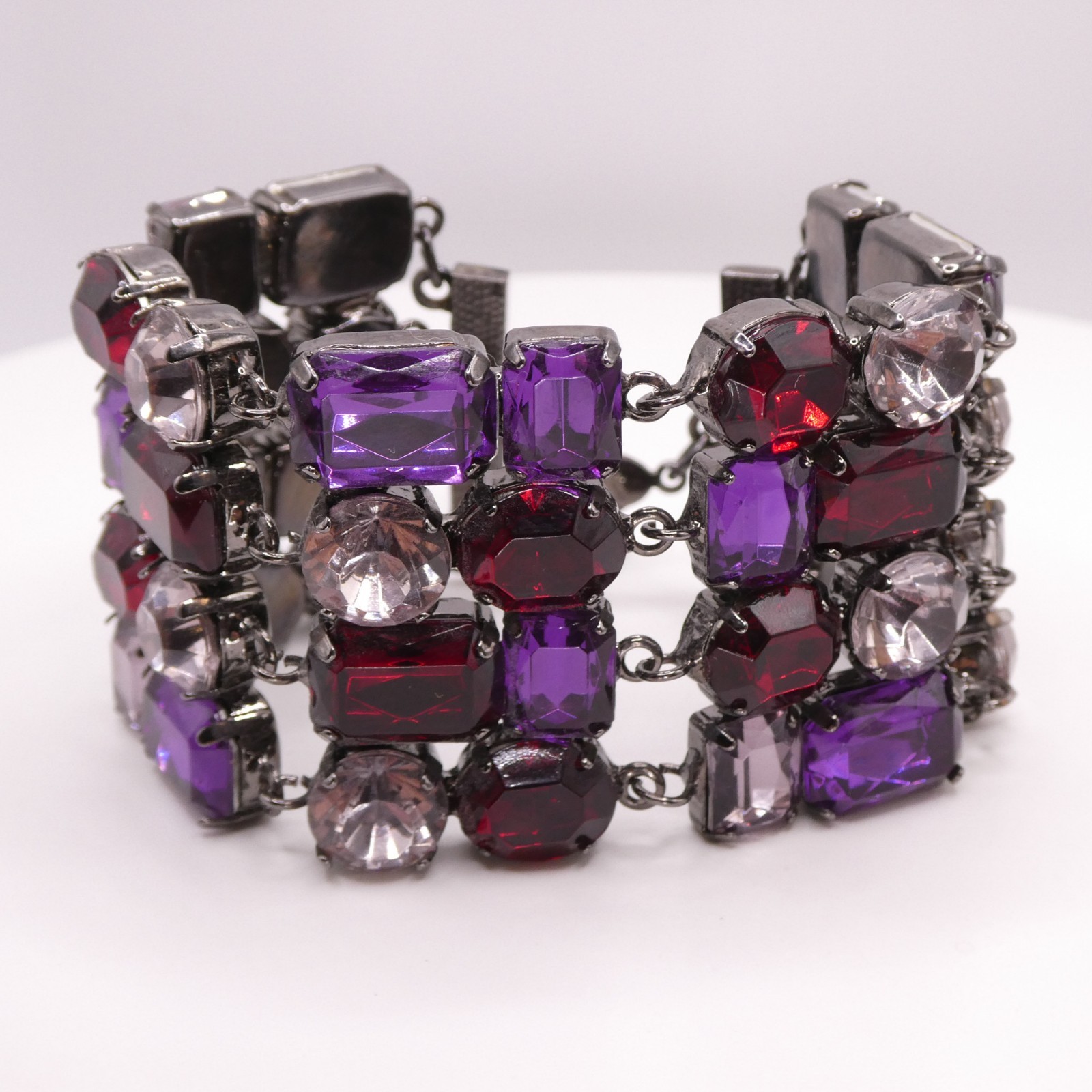 Vintage Purple Acrylic Rhinestone Adjustable 7-9″ Gunmetal Tone Wide Bracelet