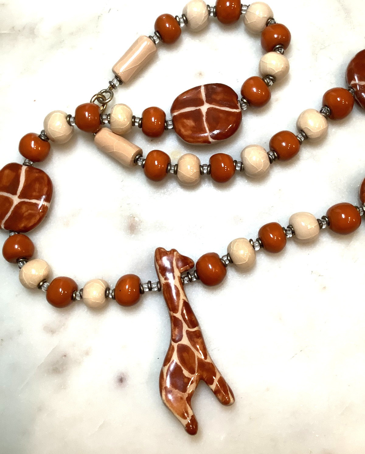 Beaded Giraffe Necklace 22″ Hand Crafted Clay Crackle Glaze Africa Safari Animal