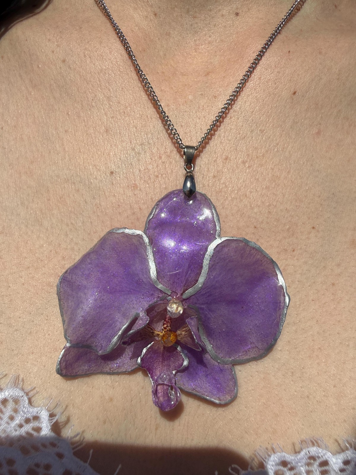 Real Orchid Necklace Preserved Flower Resin Pendant Stainless Steel Handmade