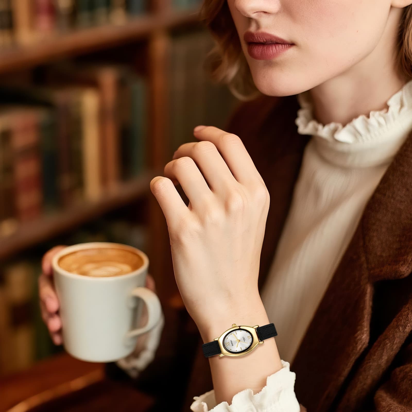Women’s Oval PU Leather Band Dot Dial Wrist Watch for Casual Everyday Fashion