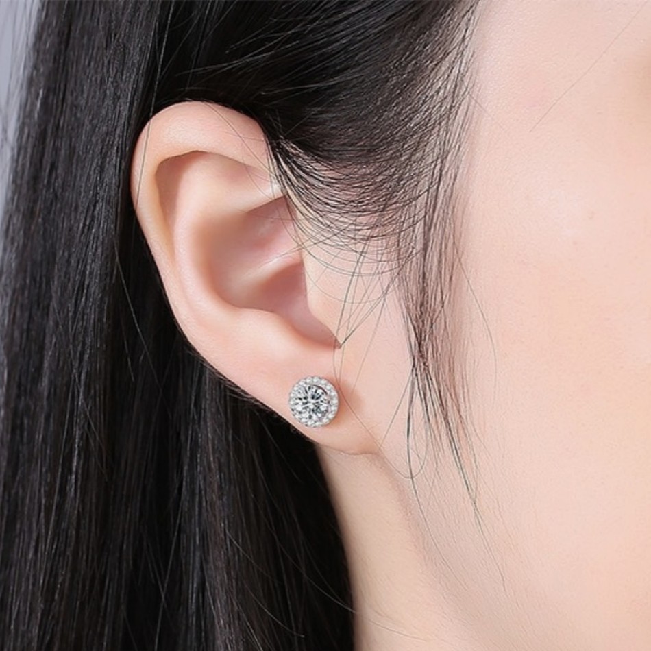 Classic Halo Zircon Stud Earrings Silver Plated Straight Needle Mini Daily Studs