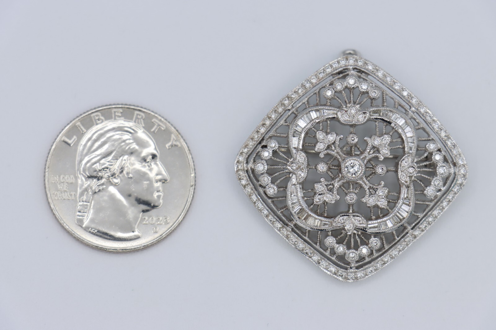 1.00tcw Diamond Art Deco-style Filigree Pendant & Brooch | 18K White Gold