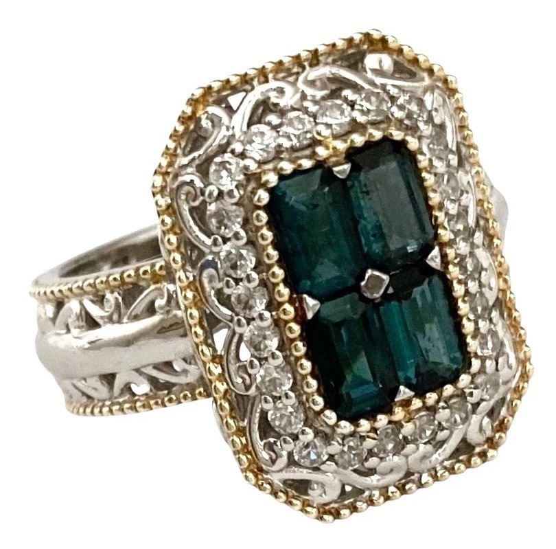 GEMS EN VOGUE 24K Gold Silver Palladium INDICOLITE & WHITE TOPAZ HALO Ring