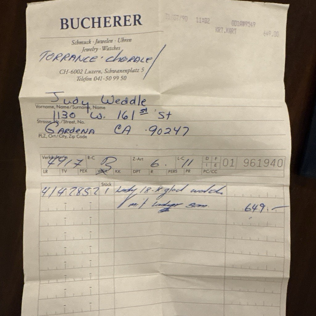 Bucherer gold vintage watch -receipt and warranty card. 20 micron gold plated