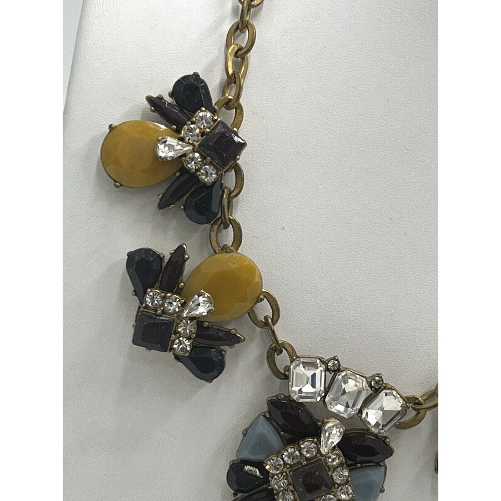 J. Crew Mustard Yellow Blue Eggplant Antique Gold Rhinestone Statement Necklace