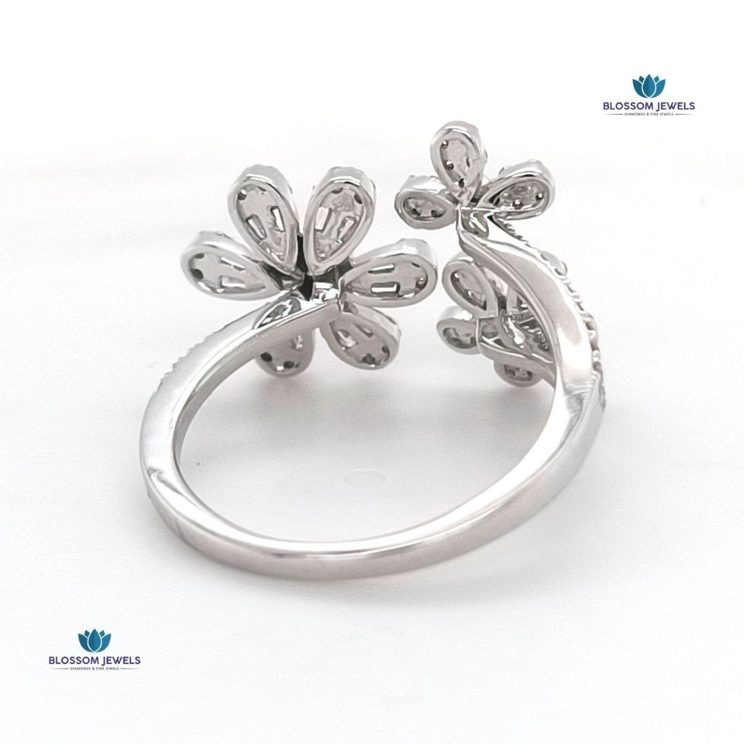 0.78 Ct Round Cut Lab Grown CVD/Diamond Flower Shape Ring 14K White Gold Plated