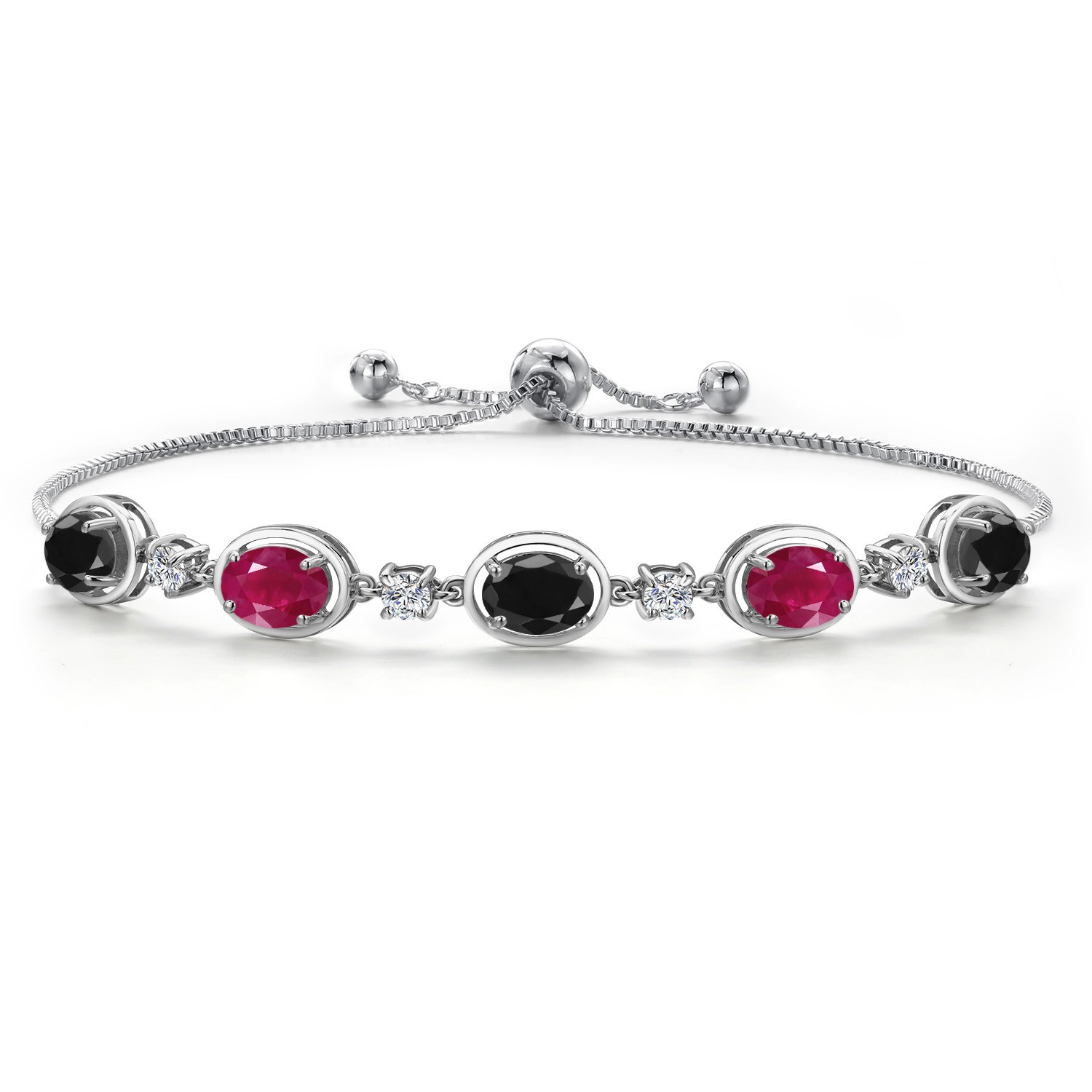 925 Sterling Silver Black Sapphire and Ruby and Lab Grown Diamond Bracelet For