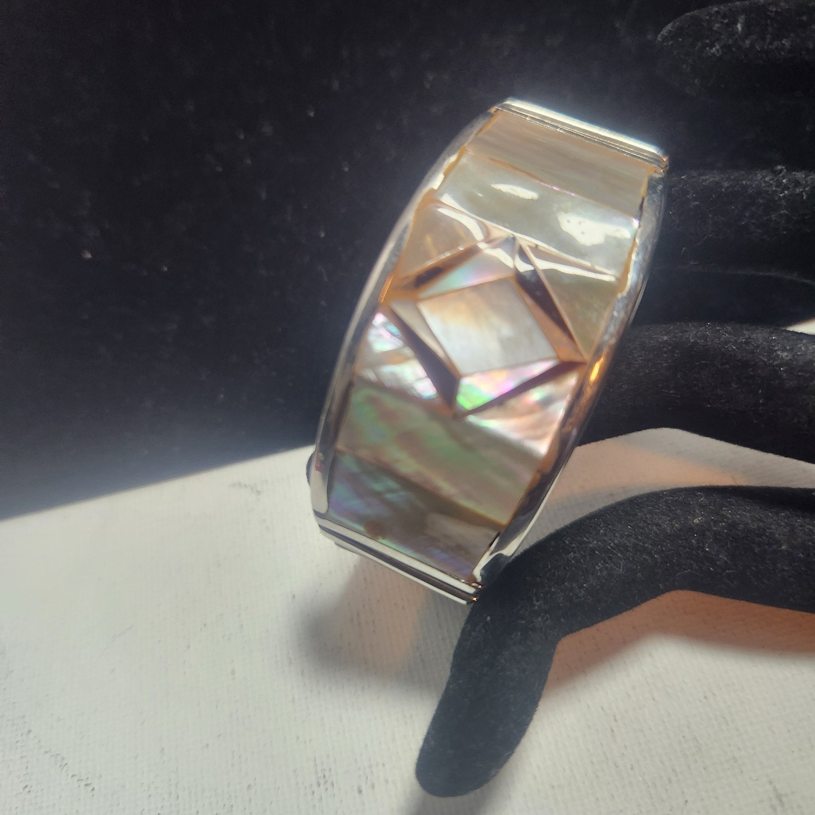 Vintage Mother of Pearl Inlay Cuff Bracelet Geometric Shell Mosaic Philippines