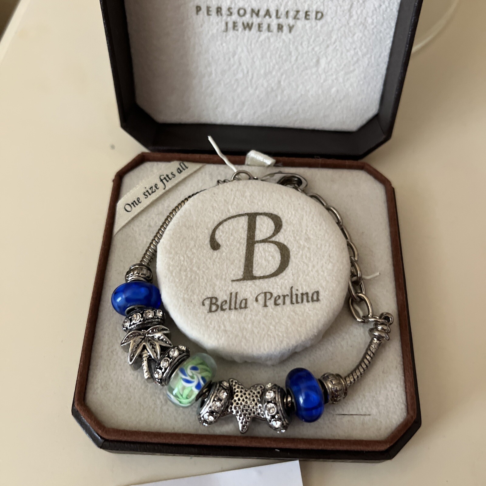 NIB~Bella Perlina European Charm Bracelet – Themed Tropical, Blue, Silver