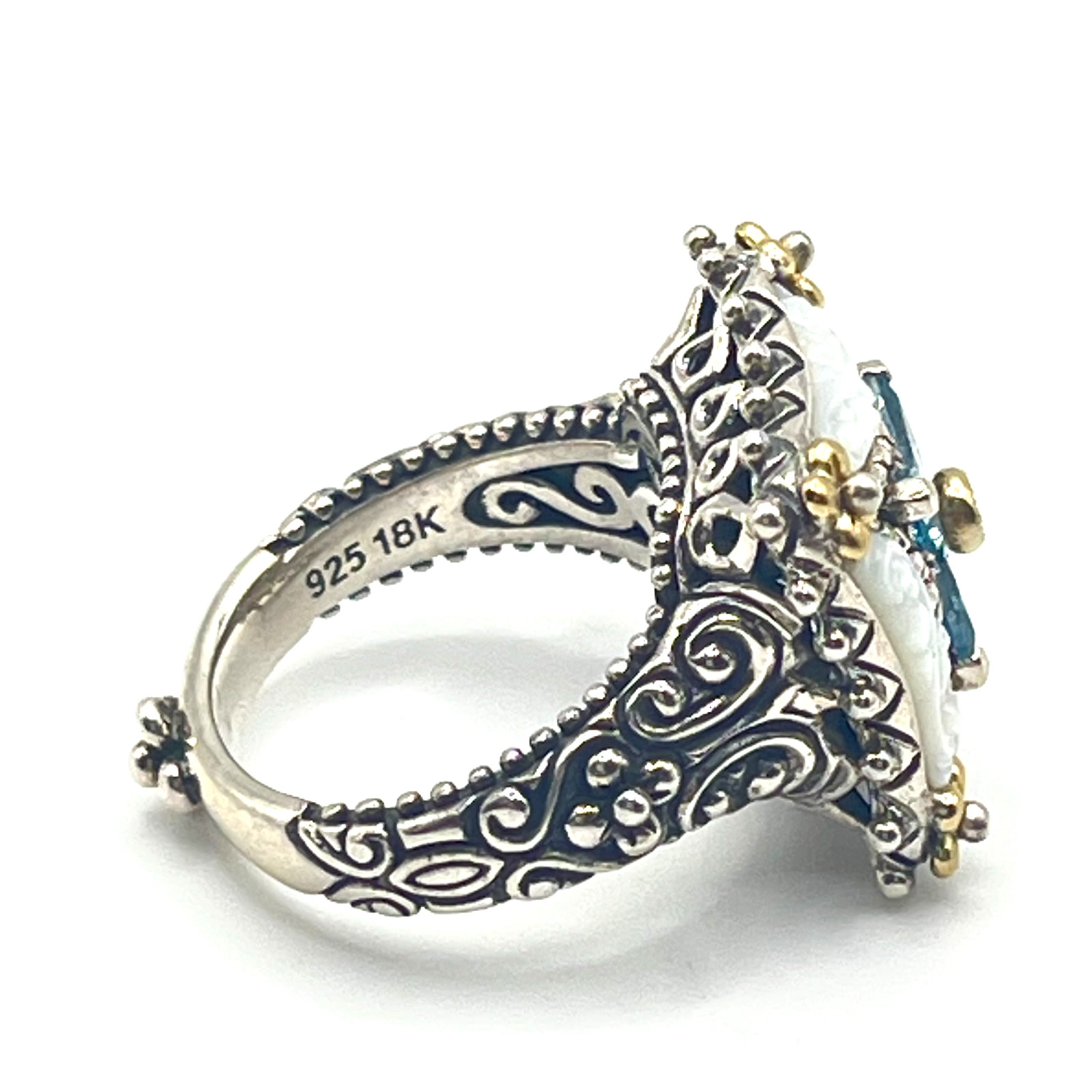 Barbara Bixby Size 8 Carved MOP & Blue Topaz Lotus Square Sterling 925 & 18k