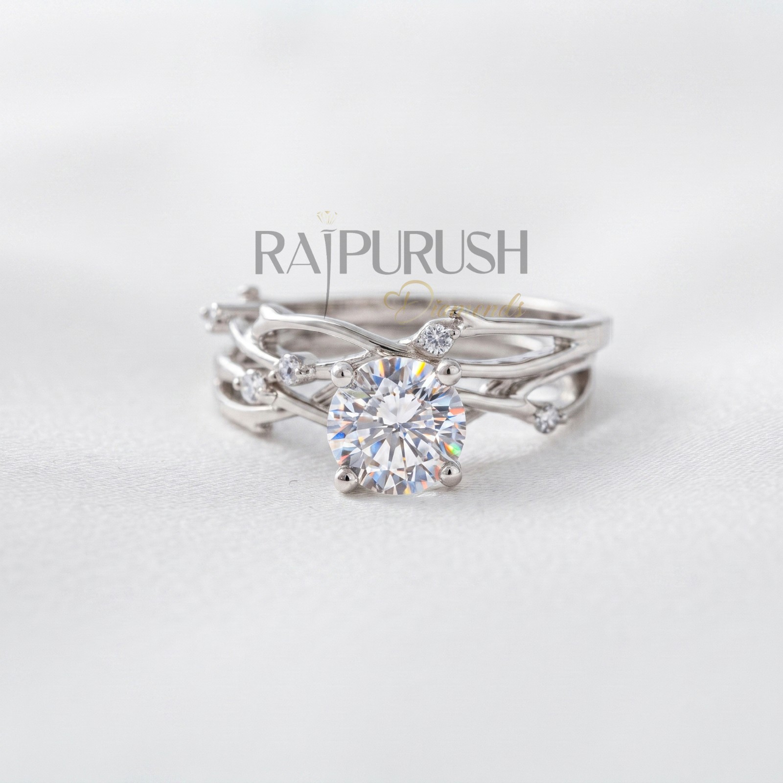 Round Moissanite Engagement Ring Set Nature-Inspired Vine Band Sterling Silver