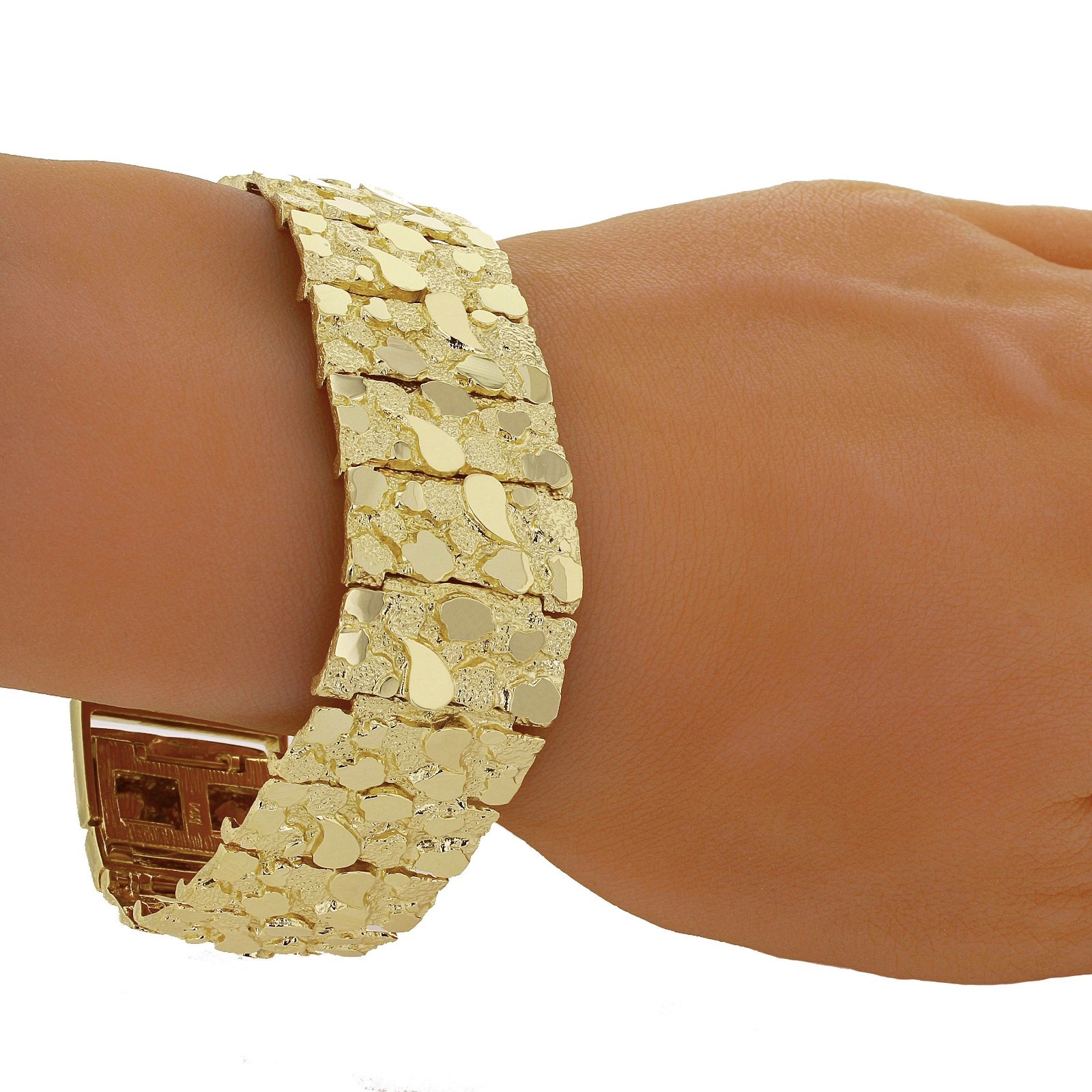 14k Yellow Gold Solid Nugget Bracelet 7″-9″ 4mm to 25mm Adjustable