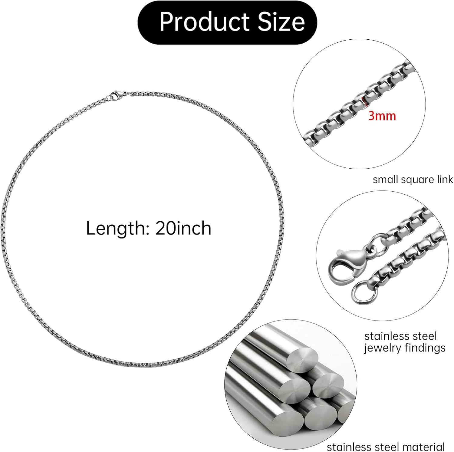 10PCS Stainless Steel Necklace Chains Bulk Square Rolo Chain Necklaces for Men a