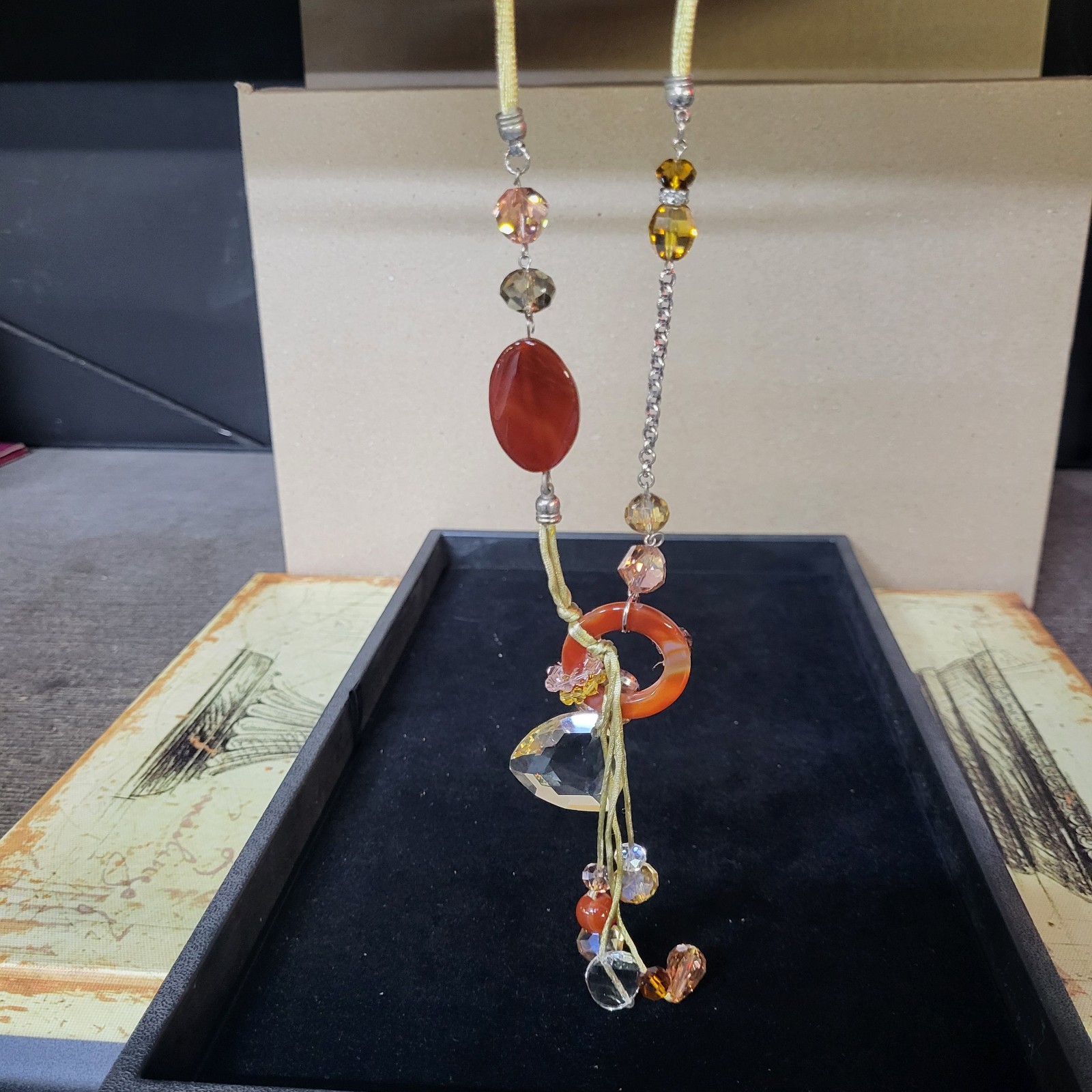 Murano Crystal Necklace Pendant Drops Venetian Glass Cord Adj. VTG STUNNING Boho