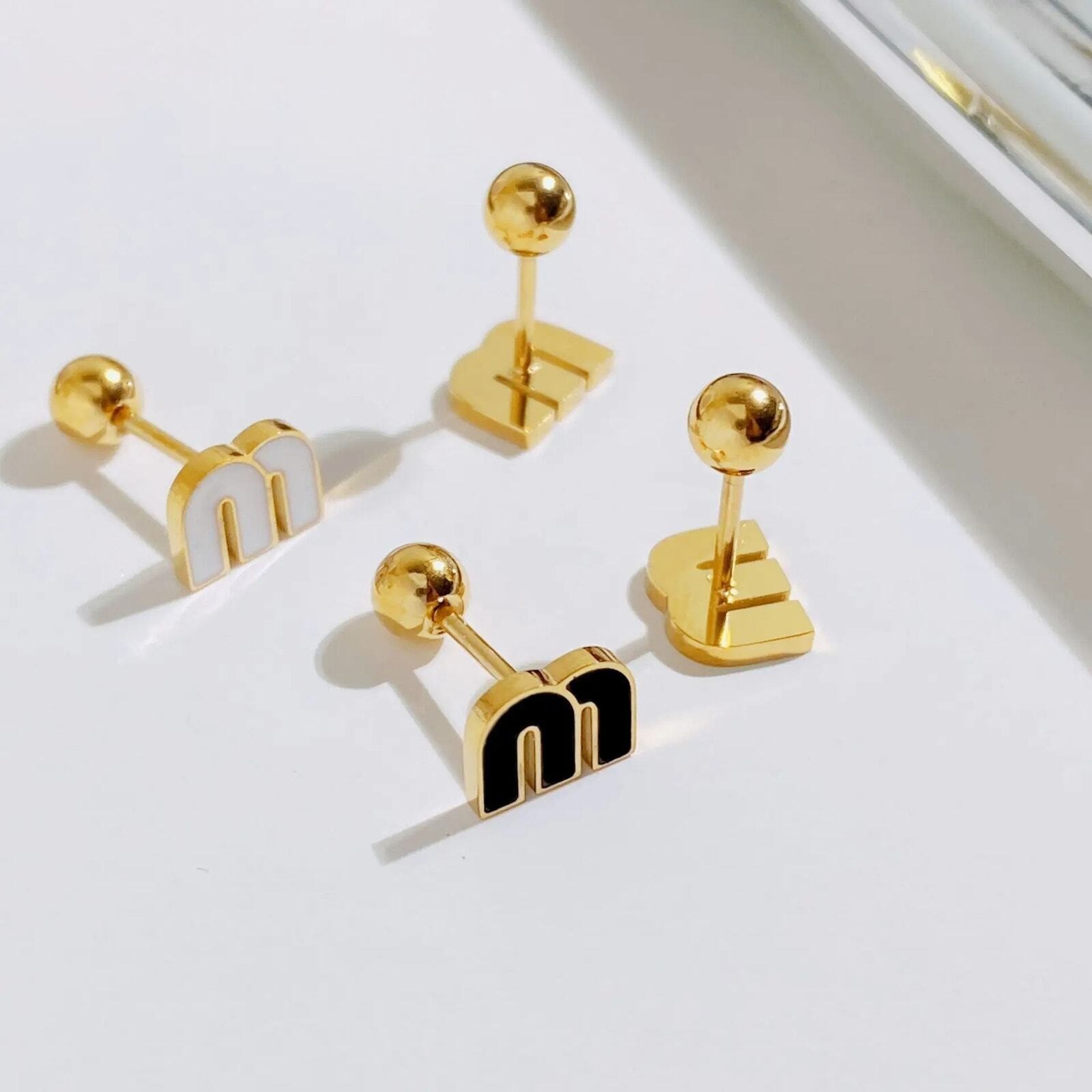 Dainty Black Letter M Charm Stud Earrings Stianless steel
