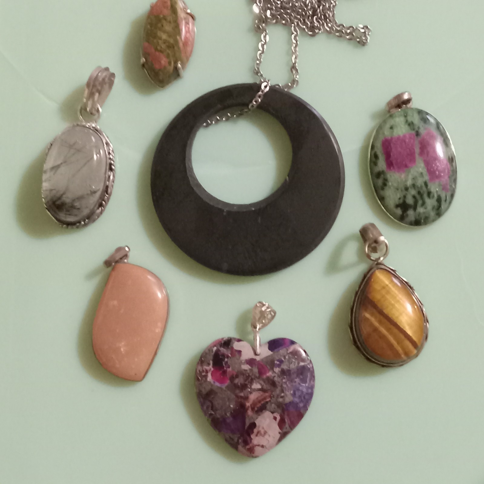 7 STONE Pendants TigersEye RUTILATED QUARTZ RUBY ZOISITE BLACK JADE PINK OPAL