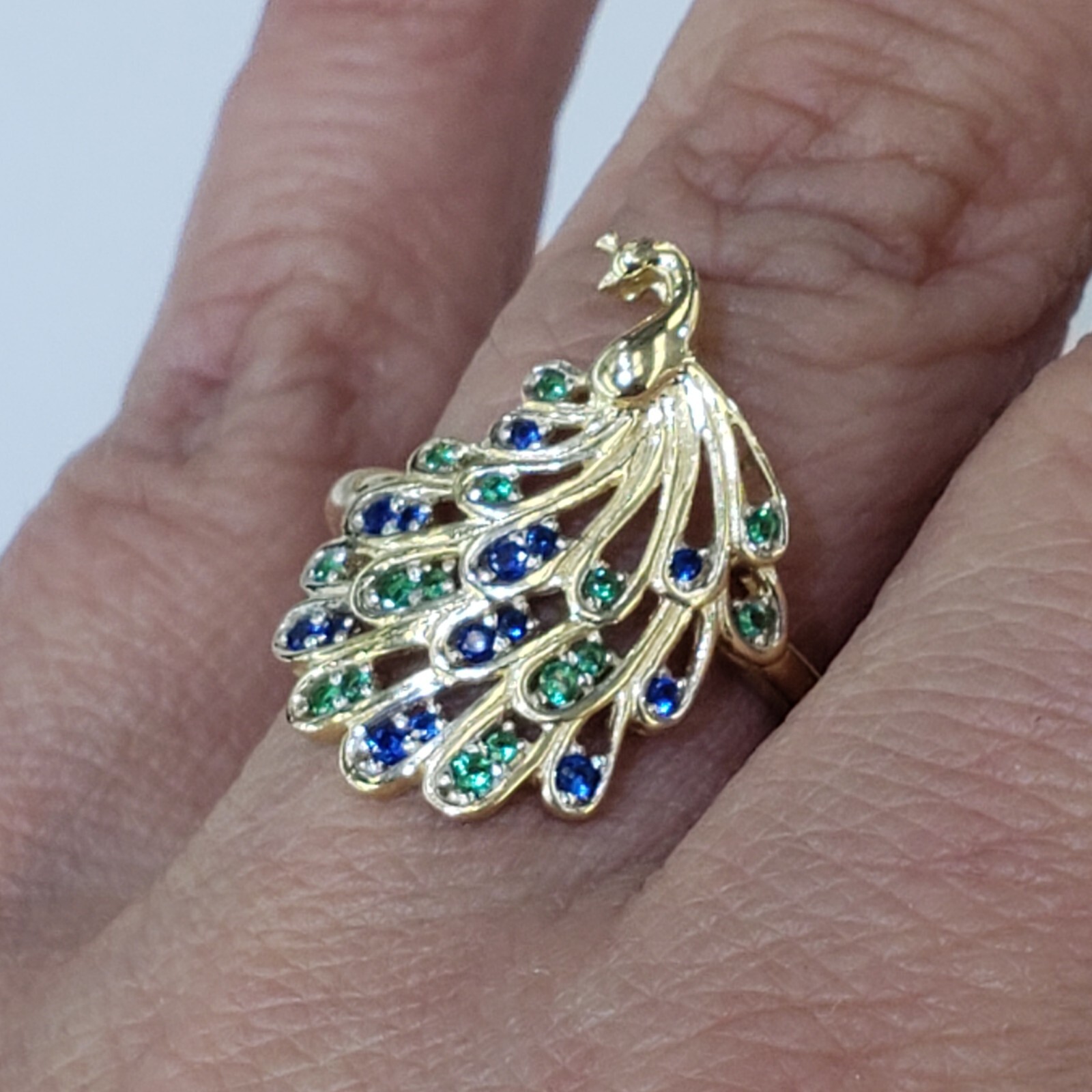 Solid 14k yellow gold peacock Ring Size 5 6 7 8 9 green blue