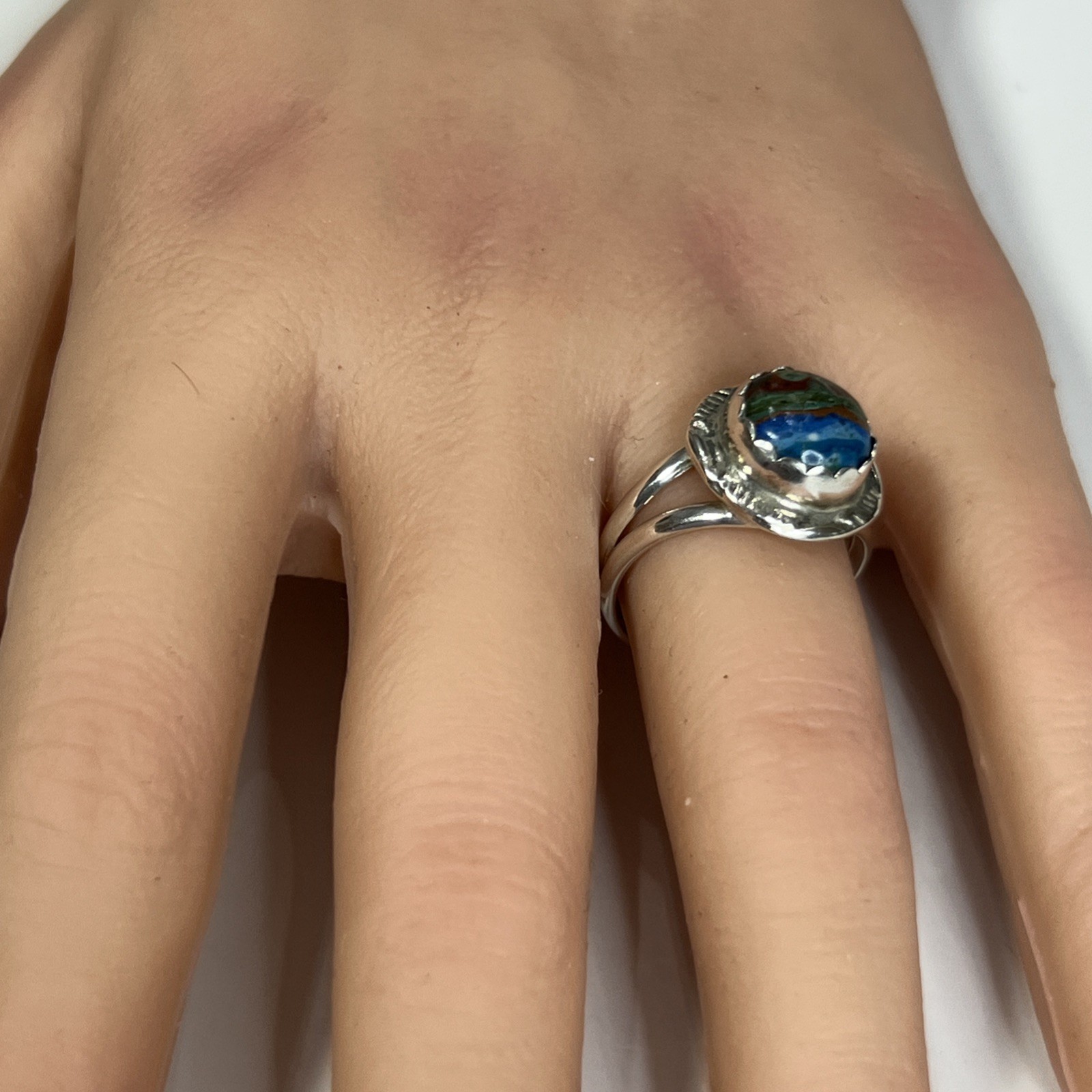 Vintage HT Native American Rainbow Calsilica Ring Sz 8 Sterling Signed Stamped