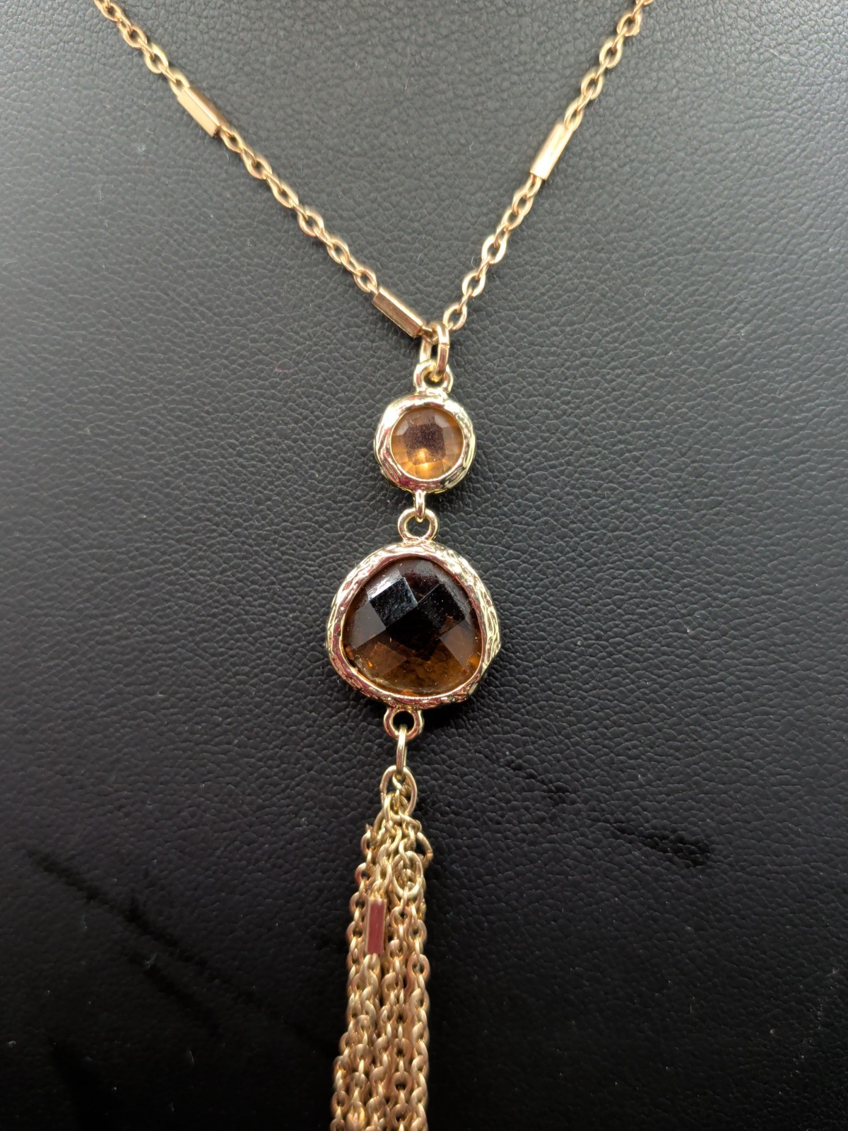 Long Gold Tassel Pendant Necklace Station Chain Bar Link Fringe Bezel Crystal
