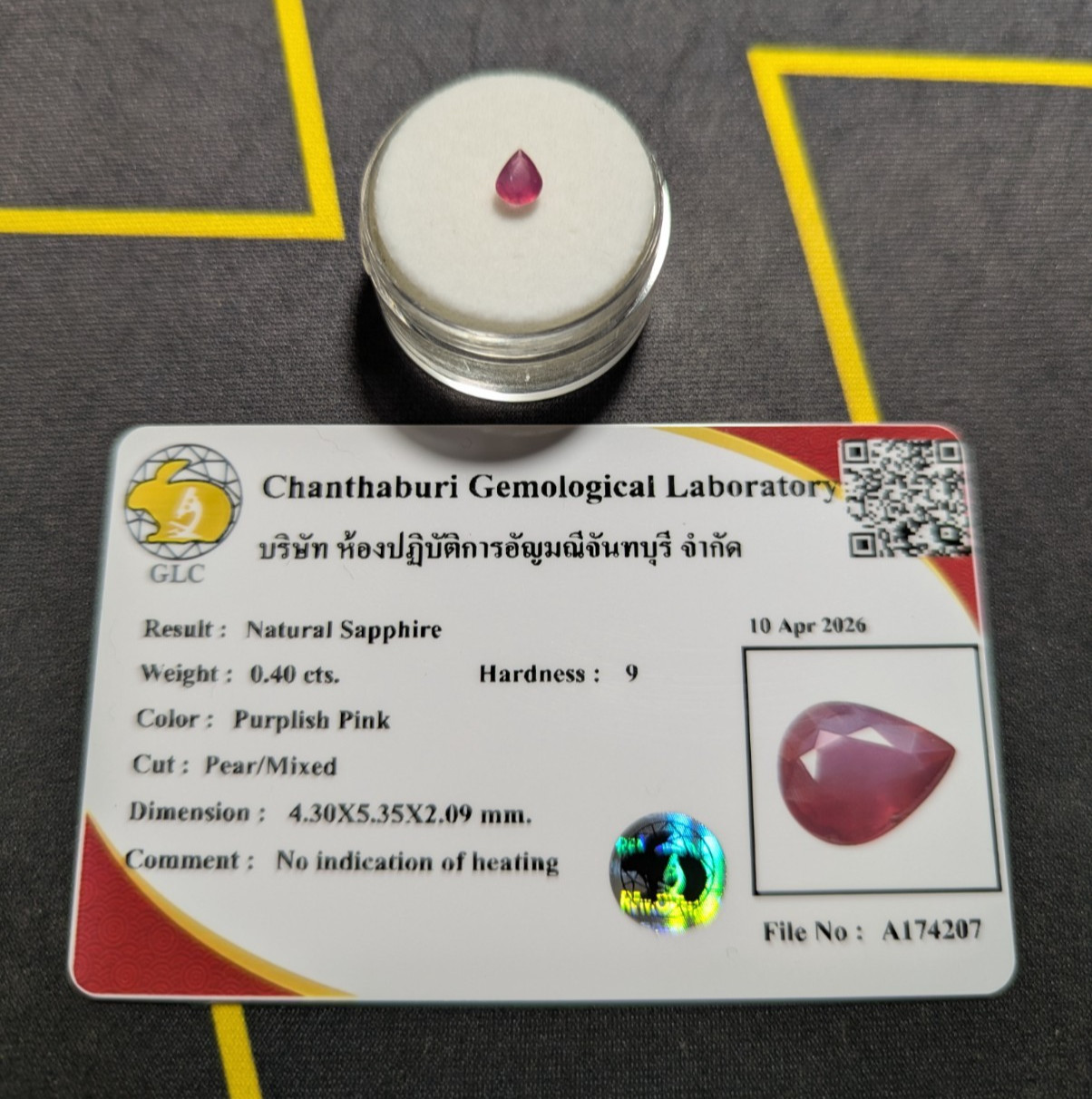 0.40ct Natural Purplish Pink Sapphire Pear Cut Unheated Loose Gem W/ Lab Card