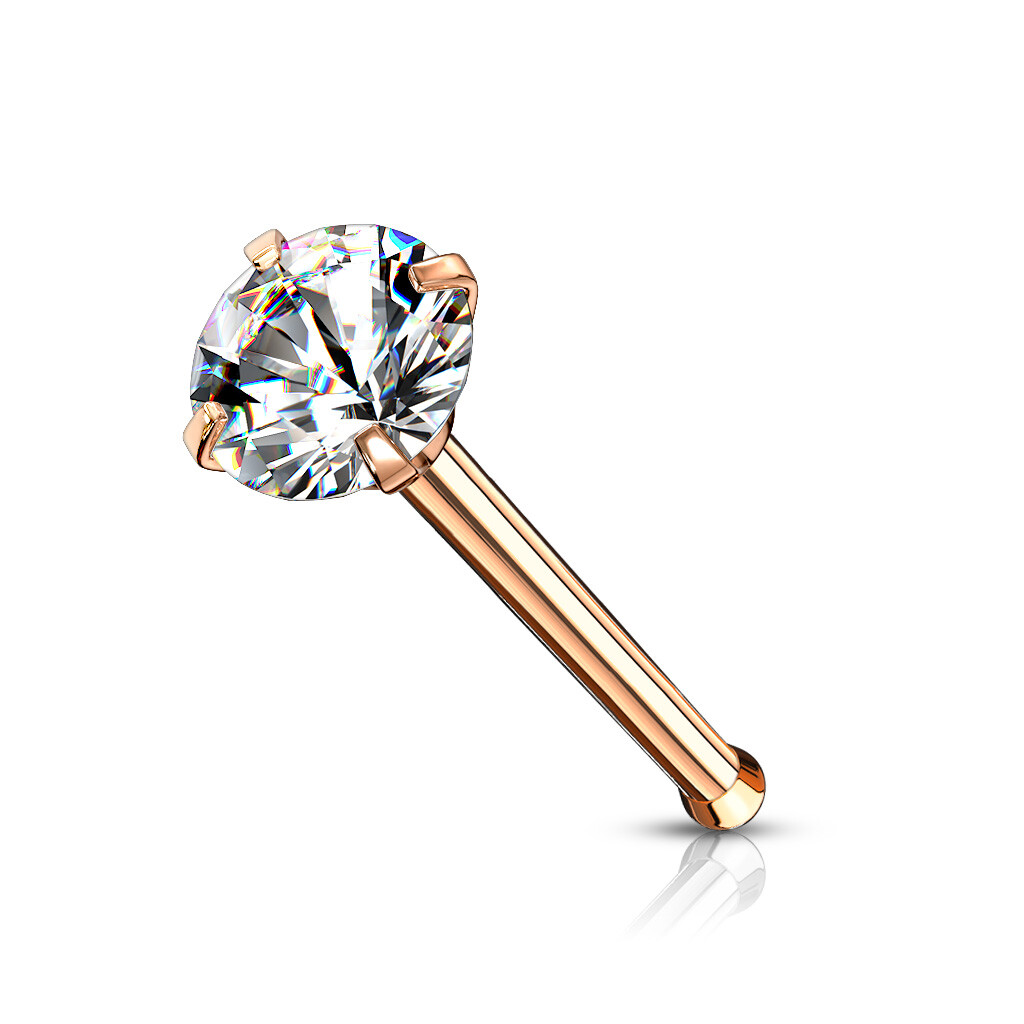 14K Solid Yellow Gold Bar Nose Stud Diamond ,Bone End 20 Gauge 7mm