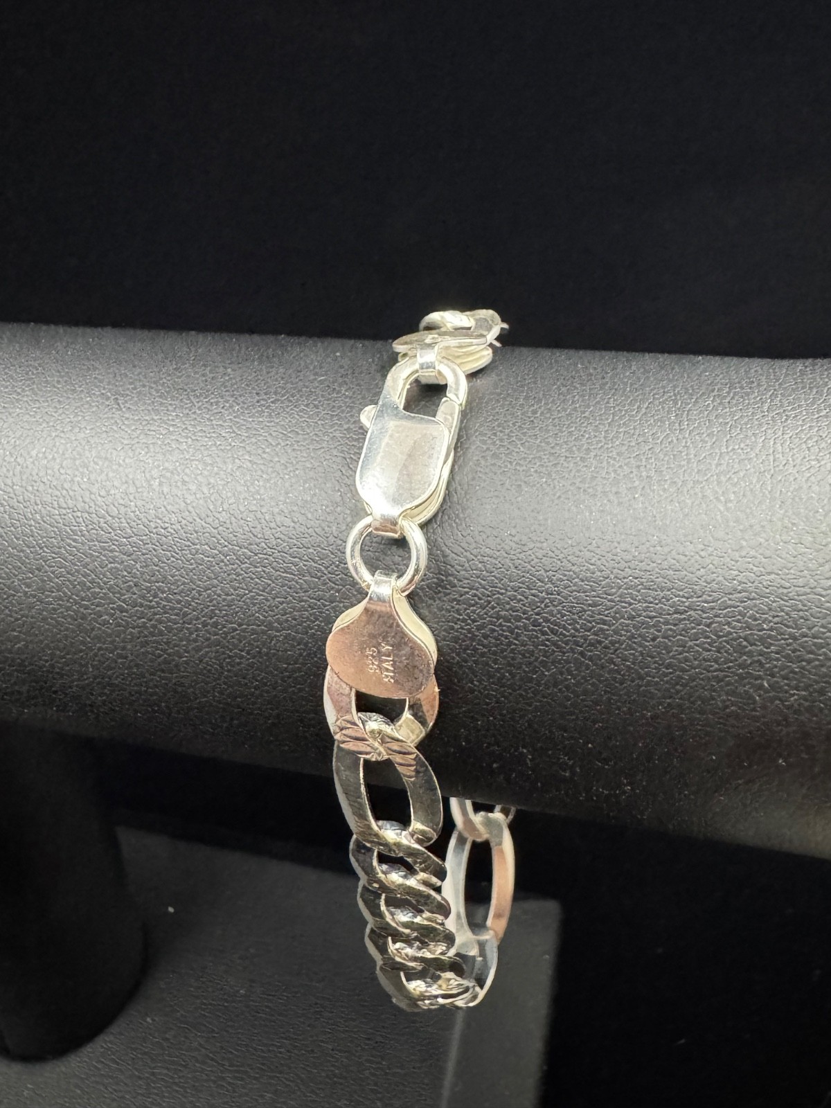 8mm Italian Figaro Pave Diamond Cut Link Chain Bracelet Real Sterling Silver 925