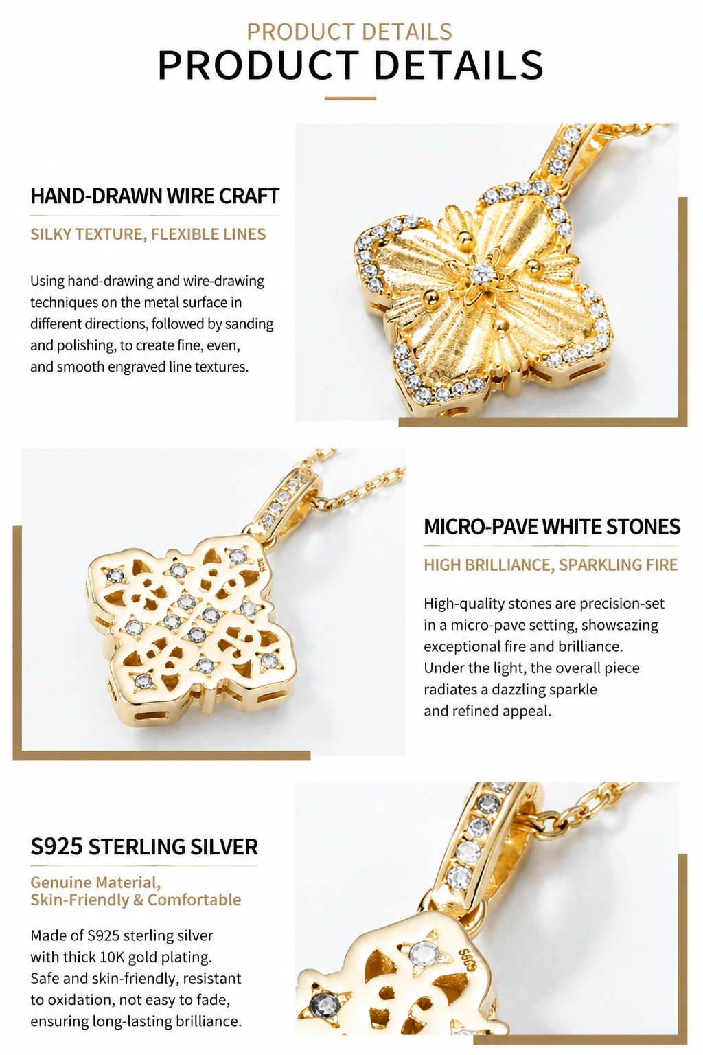 10K Gold Plated 925 Sterling Silver Four Leaf Clover Pendant with Optional Chain