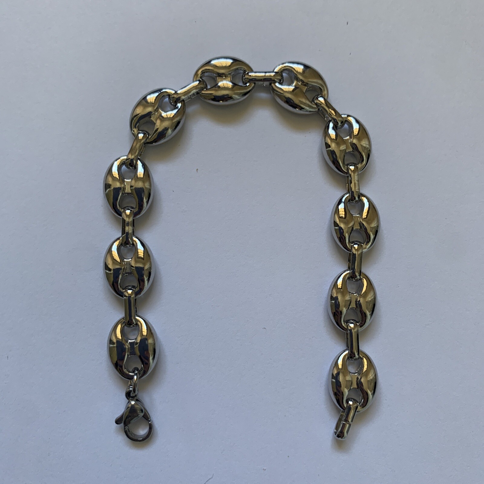 14k White gold Plated Puffy Puffed Anchor Mariner Link Chain Bracelet 1cm thick