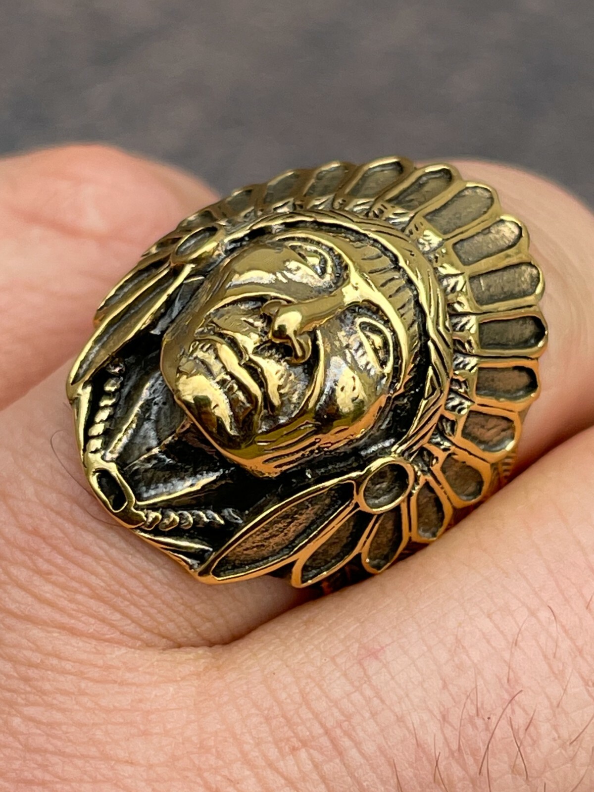 Mens Real 14K Gold Plated Solid 925 Sterling Silver Large Indian Head Chief Ring
