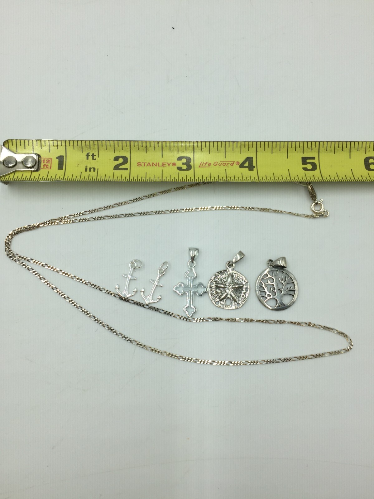 Sterling Silver Necklace W/ 5 Charms,Anchor,Cross,Starfish,Less Than 5 Grams,Z8