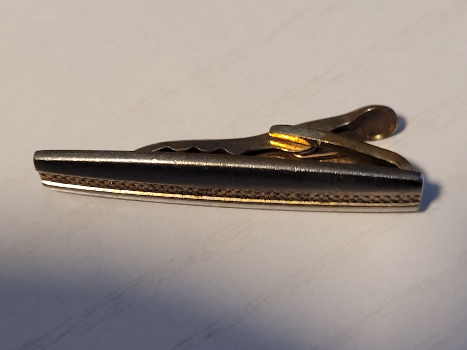 Vtg Hickok USA Tie Bar Clip Clasp Silver Gold Tone Textured 1.5″