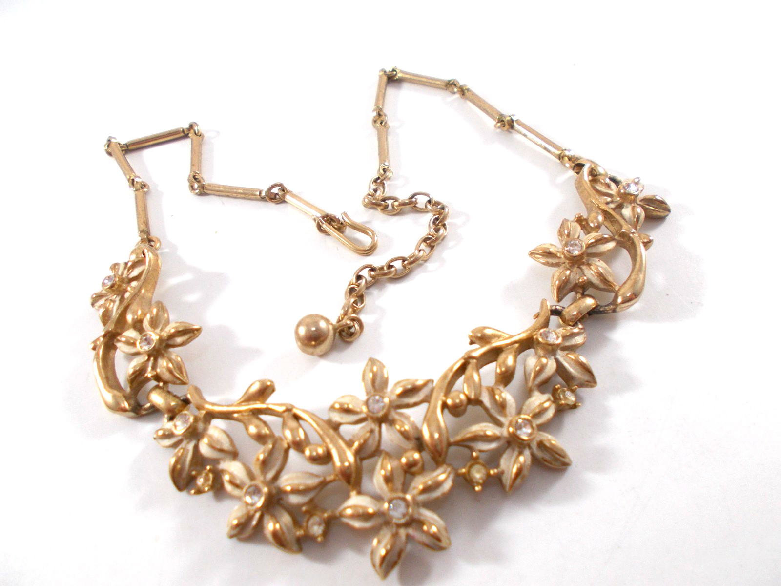 Vintage Gold tone White Enamel and Rhinestones Flowered Front Choker Necklace